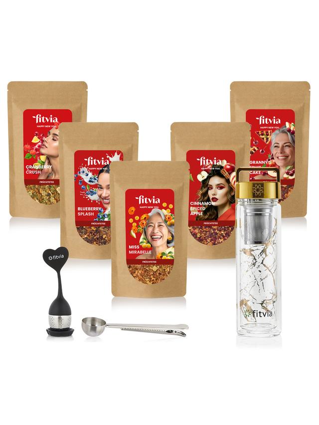 Fröhliche Weihnacht Tee-Set mit 5 verschiedenen Teesorten, Thermoflasche, Tee-Ei & Teelöffel, 8-teilig