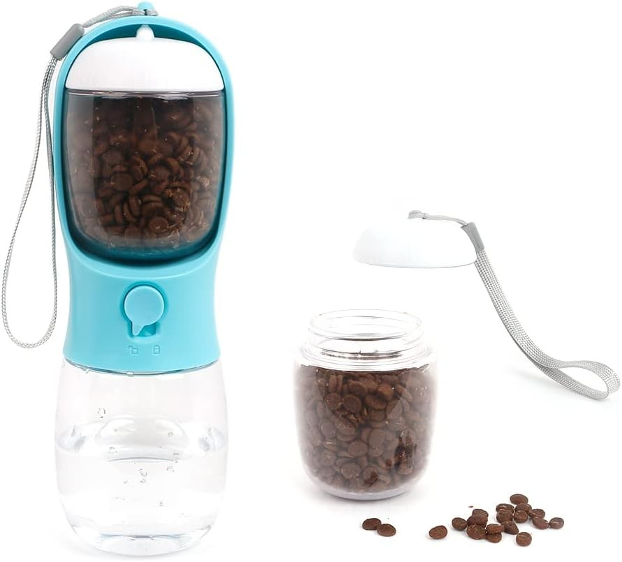 (300ml) 3in1 Portable Haustier Trinkflasche Hunde Leckerli Behälter Wasser / Futter / Kotbeutel Spender - Türkis