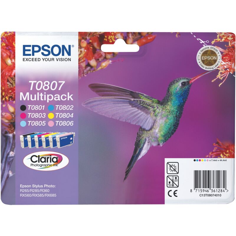 Epson T0807 Pack cartouche de 6 couleurs pour imprimante jet d'encre