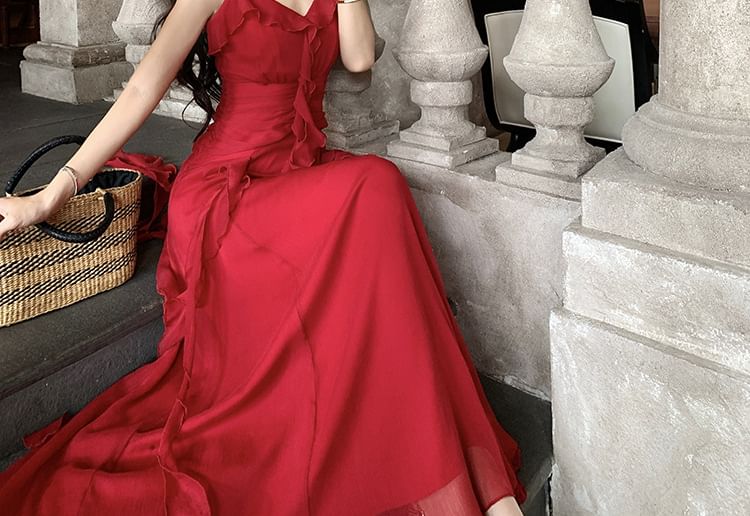 Morning Glory - Spaghettibandjes V-hals Effen Ruffle Trim Gerimpelde Maxi A-lijn Jurk