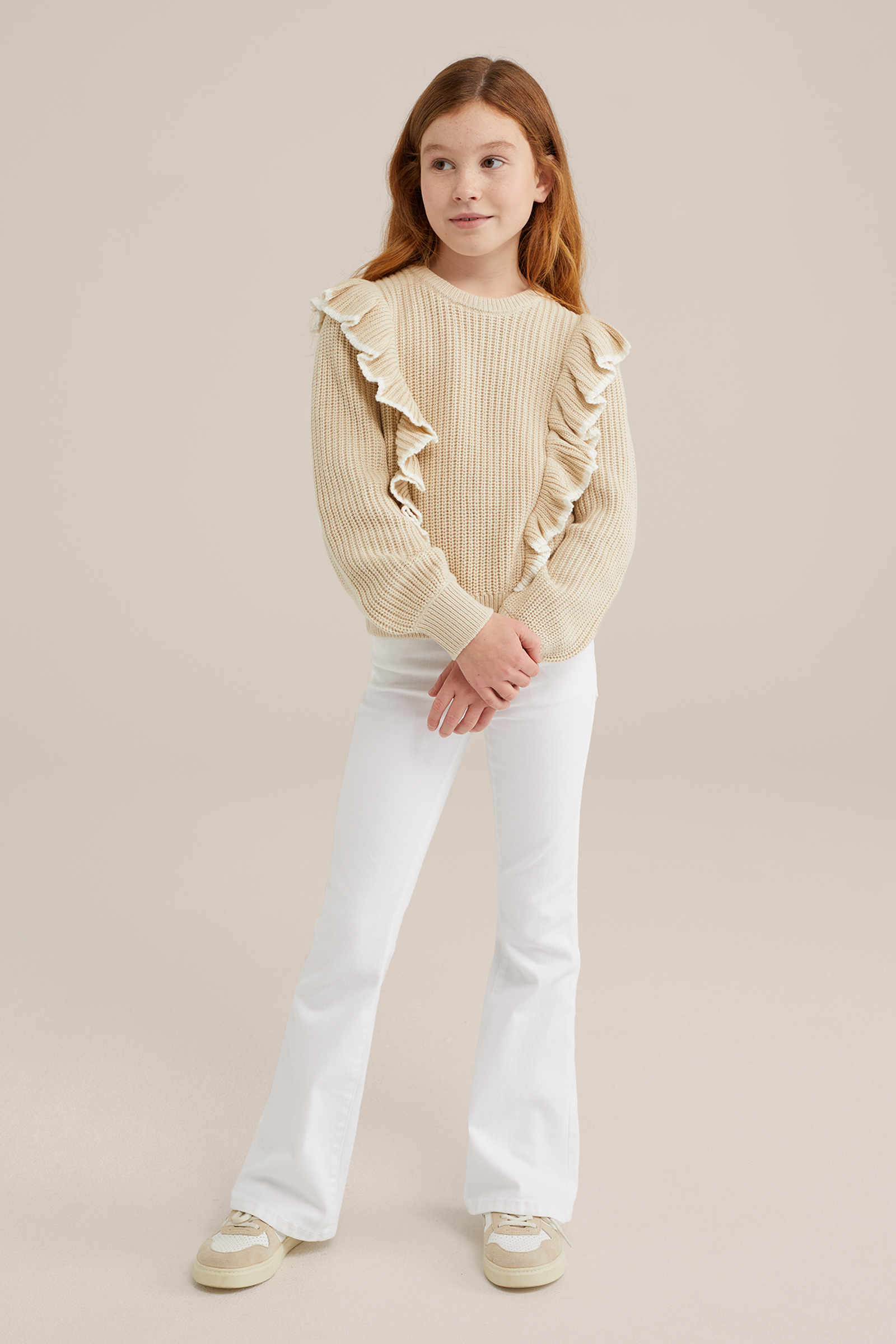 Meisjes gebreide trui met ruches WE Fashion Beige