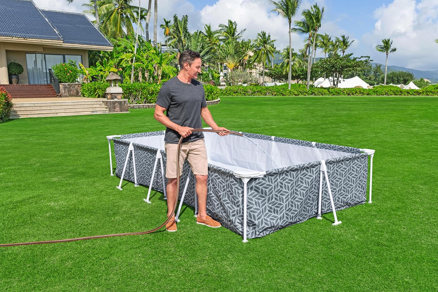 Bestway Steel Pro Frame Pool Set mit Filterpumpe 366 x 201 x 66 cm, Blattform-Design, eckig