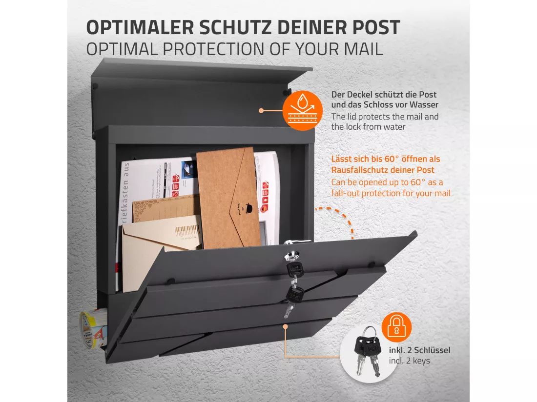 Boîte aux lettres murale anthracite avec 2 clés compartiment à journaux postale