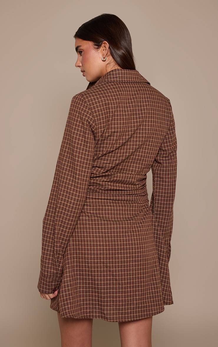 Marron Robe Chemise À Carreaux Cintrée À Manches Longues Avec Boutonnage