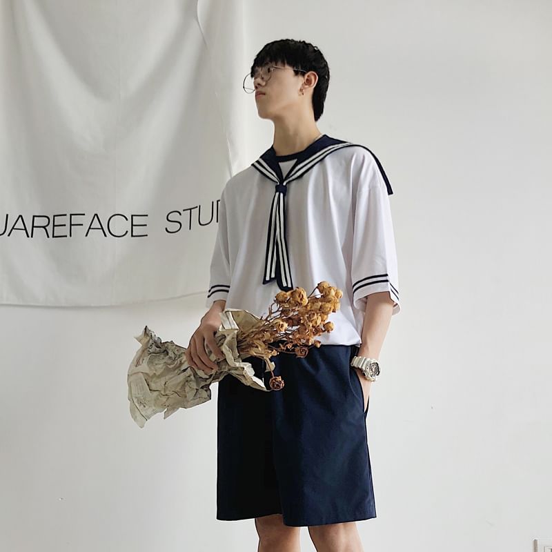 Priam - Set: Top met korte mouwen, gestreepte matrozenkraag + Effen shorts met elastische taille