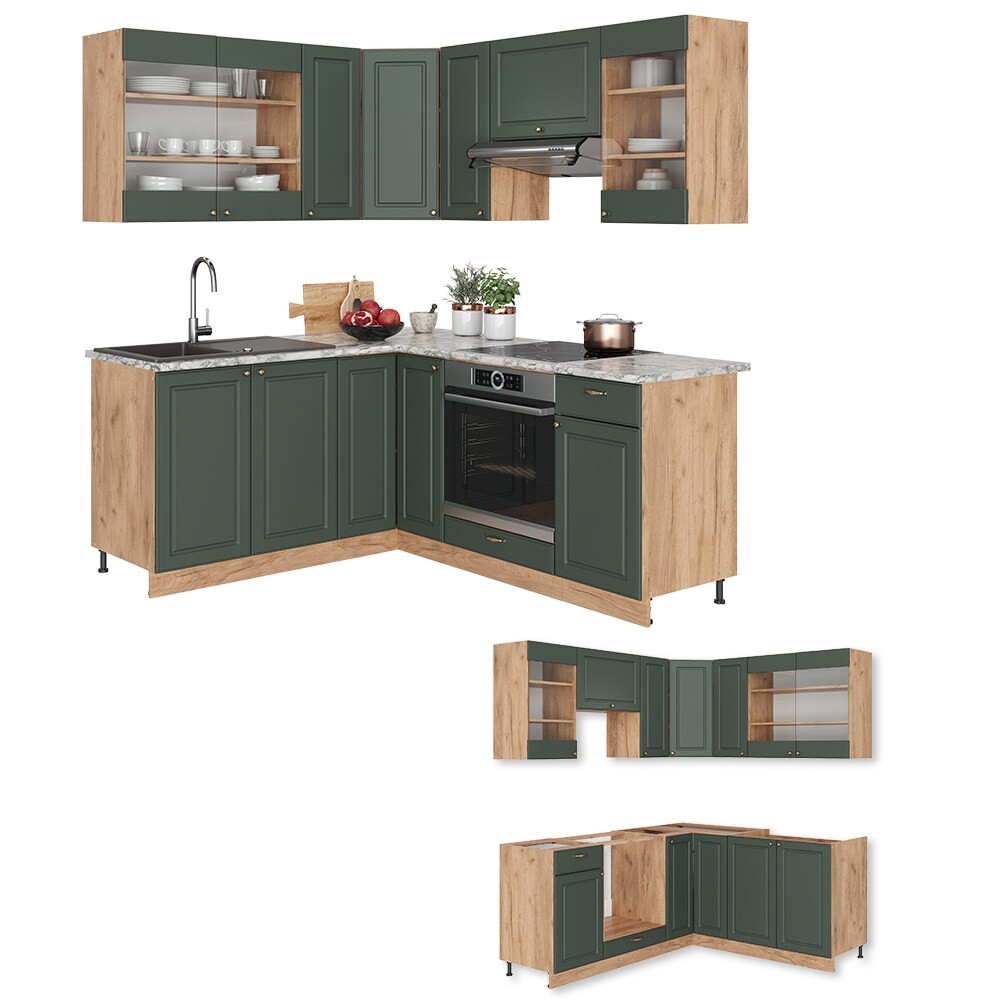 Vicco Eckküche Küchenzeile Einbauküche Fame-Line Landhaus Eiche Grün Gold 190 cm Schubunterschrank Spülenunterschrank Eckunterschrank Herdumbauschrank Hängeglasschrank Hängeschrank