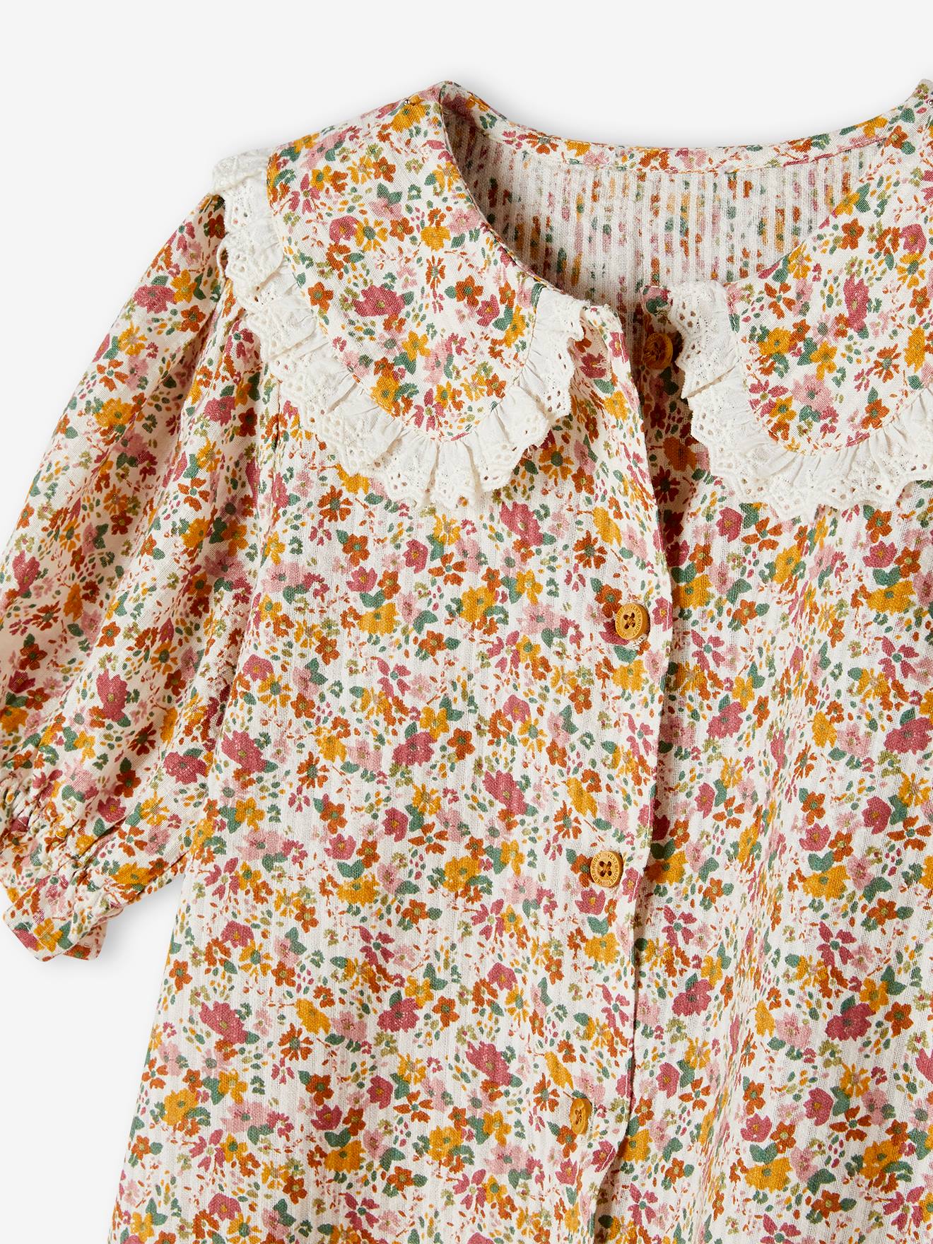 Camisa floral de manga curta com gola Peter Pan para meninas, cor off-white