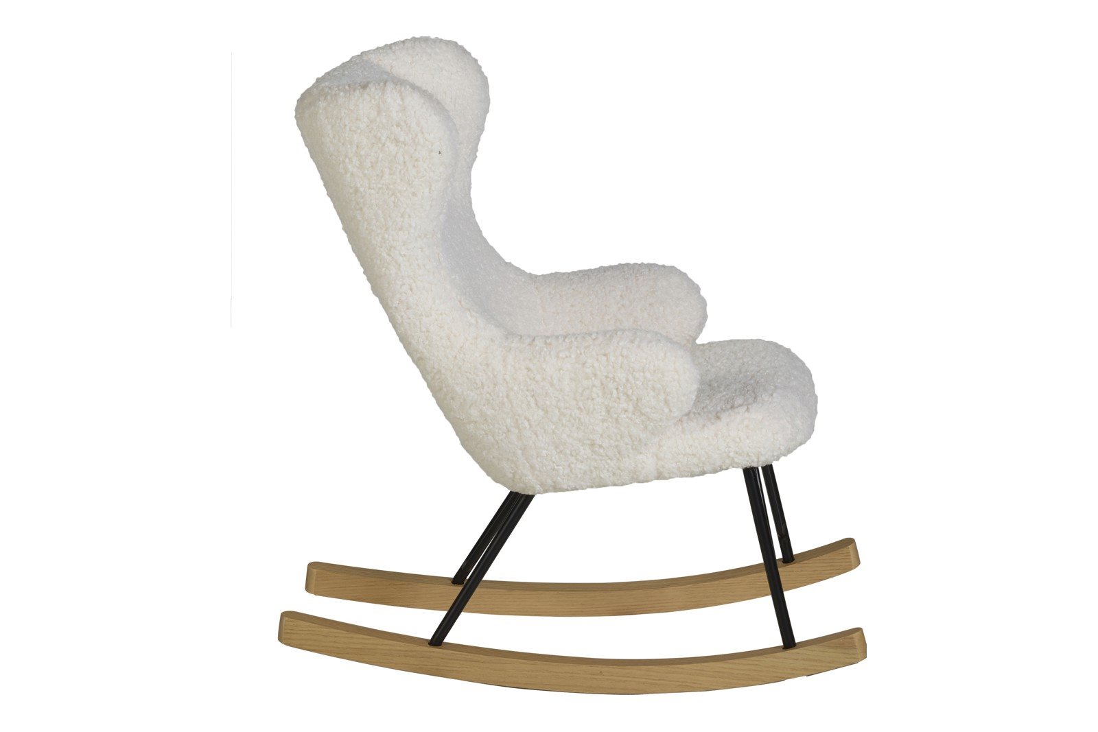 De Luxe Gyngestol Barn Gyngestol til barn i hvitt, mykt teddytekstil. Understell i heltre bjørk/pulverlakkert metall.