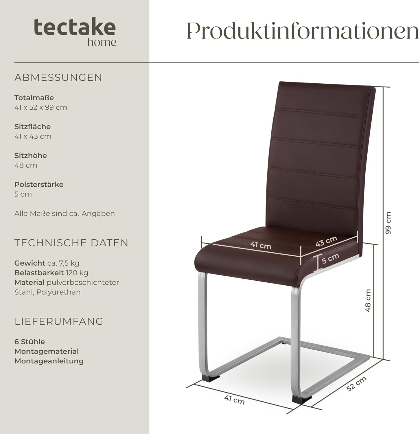 tectake Freischwinger Schwingstuhl, Stuhl 6er Set, Moderne Esszimmerstühle oder Küchenstühle mit strapazierfähigem Kunstleder Bezug - braun