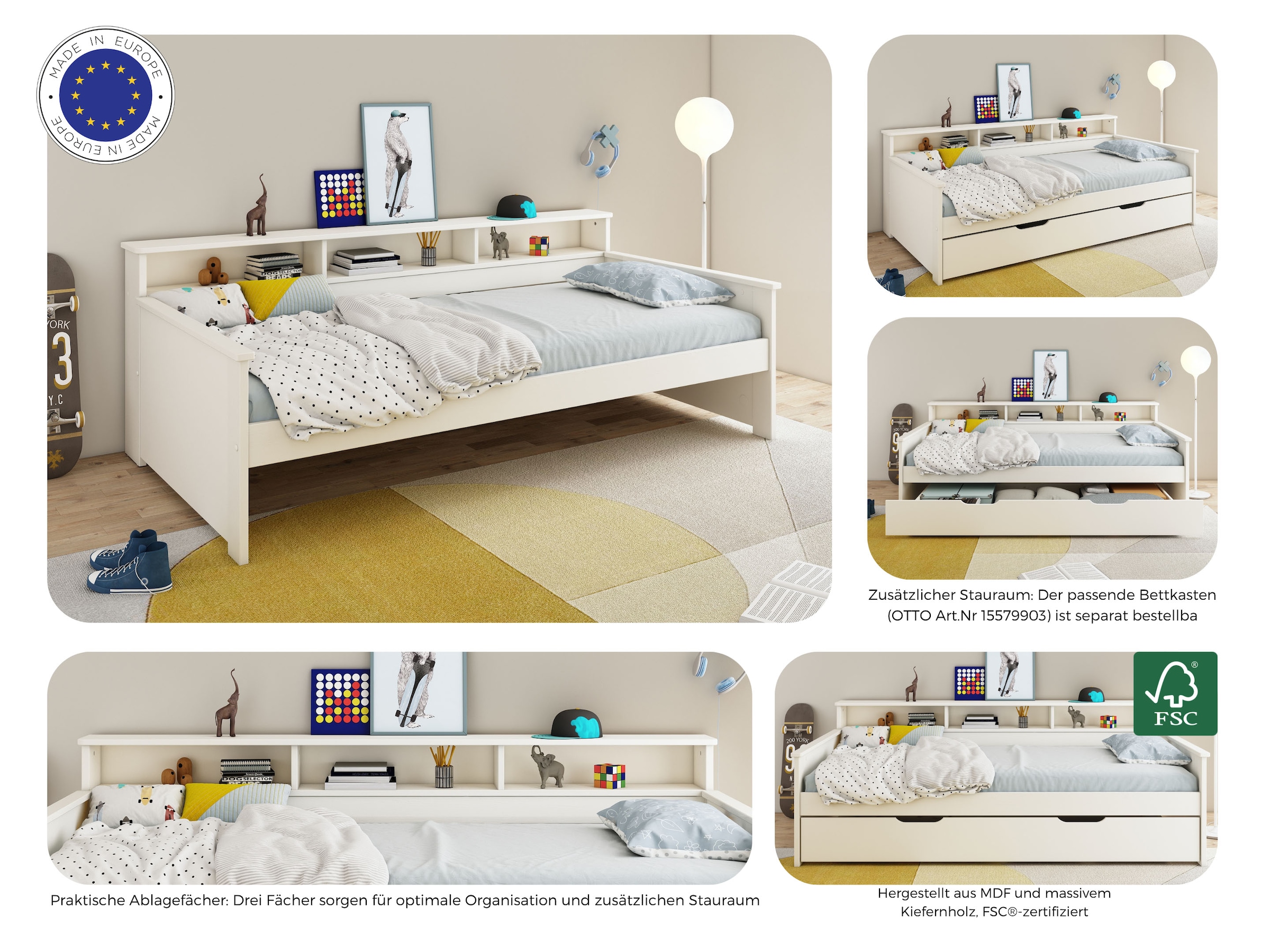Home affaire Jugendbett »KERO, Daybed, Stauraumbett, platzsparend, Stauraum, 90x200cm« zertifiziertes Massivholz, mit Ablagefächern, Schublade optional