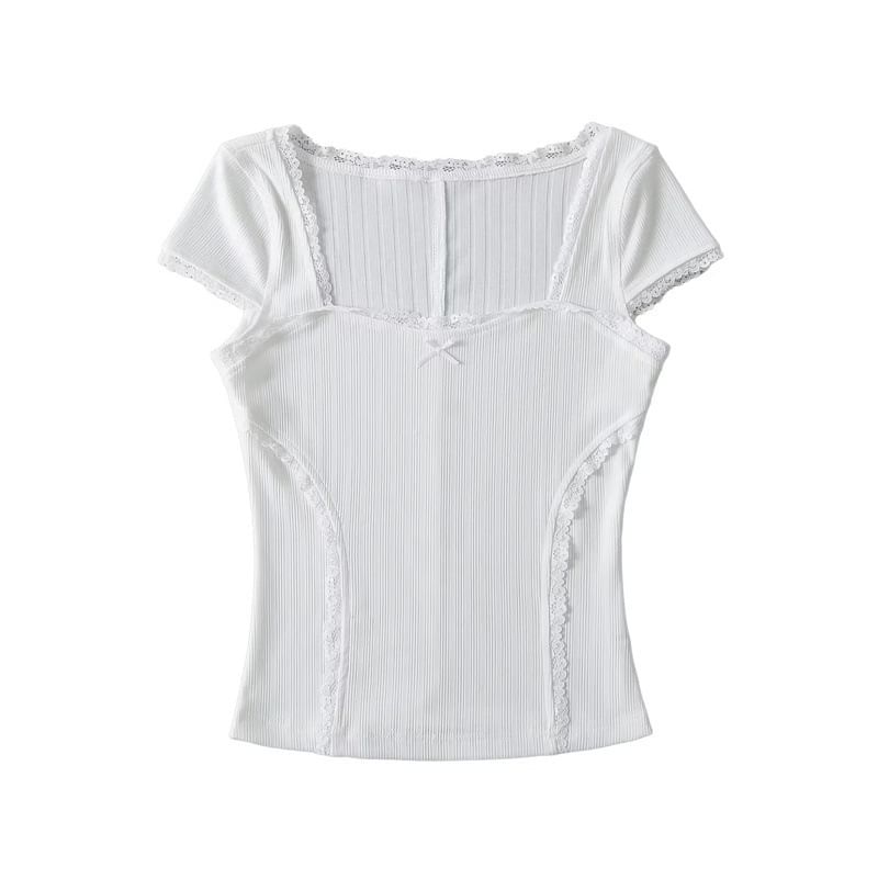 Asiris - T-shirt met korte mouwen, vierkante hals, effen kant en strik