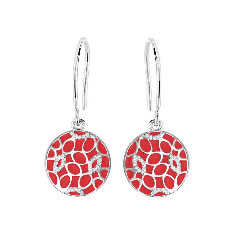 Boucles d'oreille en argent rhodié avec émail rouge et oxydes de zirconium