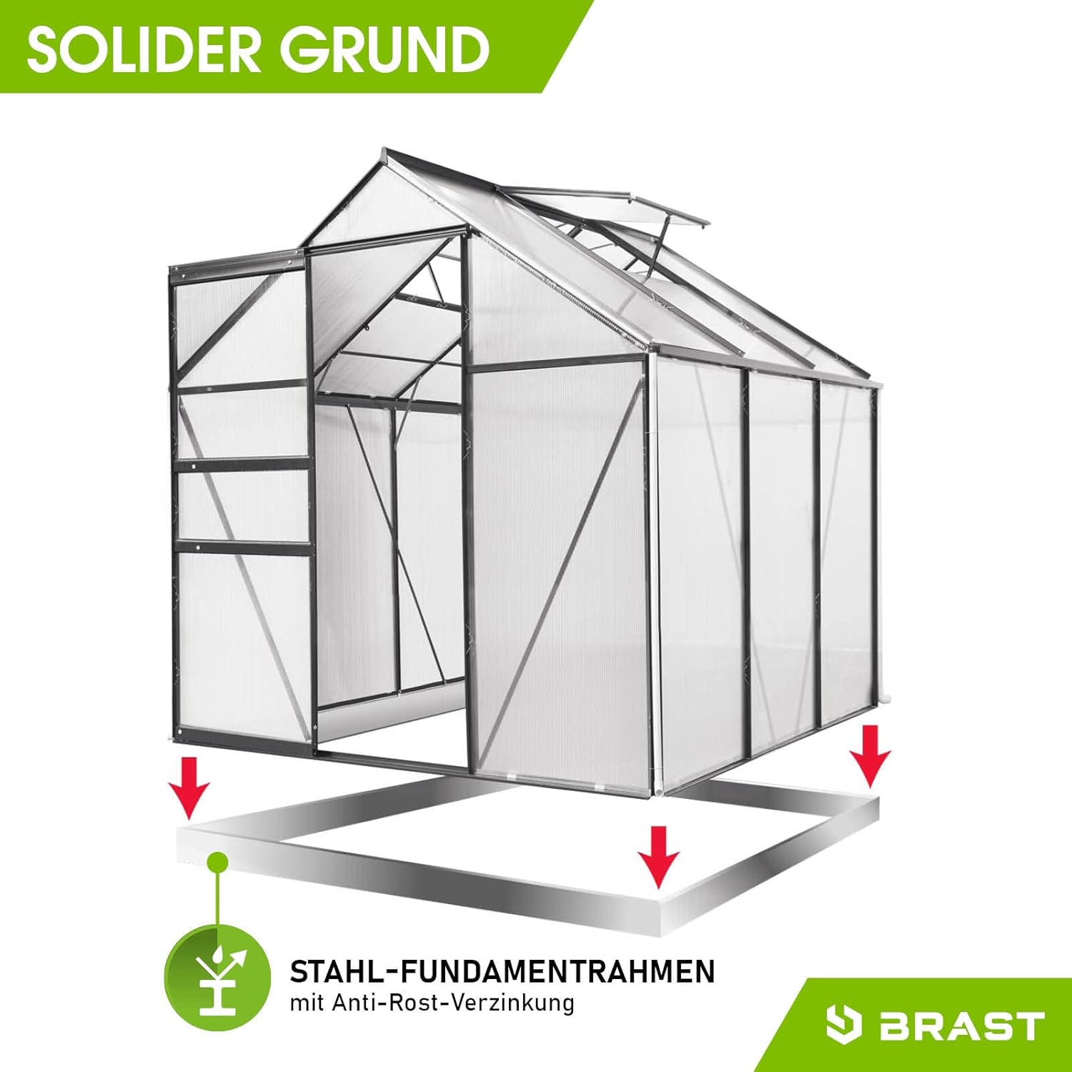 BRAST Gewächshaus Aluminium mit Fundament | 42 Modelle | 130x190x195cm - 490x250x235cm | TÜV geprüft | 6mm Hohlkammerplatten | rostfrei wetterfest temperaturbeständig | 190x190x195cm Grau