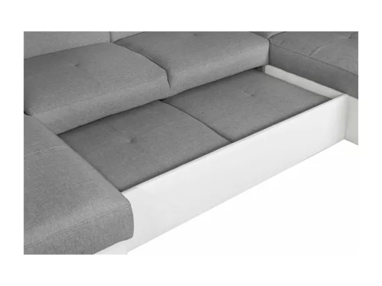 Canapé panoramique convertible avec 2 coffres Paola en tissu et simili - Blanc/Gris - L320,5 x P188 x H76cm - Loungitude