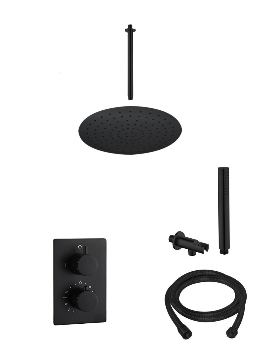 Saniclear Nero inbouw regendouche mat zwart met plafond arm 20cm hoofddouche