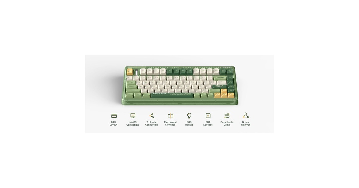 IqunixOG80 Camping Wireless Mechanical Keyboard, gaming toetsenbord  (Groen/oranje, US lay-out, IQUNIX Moonstone Turbo, RGB leds, 80% (TKL), Hot-swappable, PBT, 2.4GHz | Bluetooth 5.1 | USB-C)