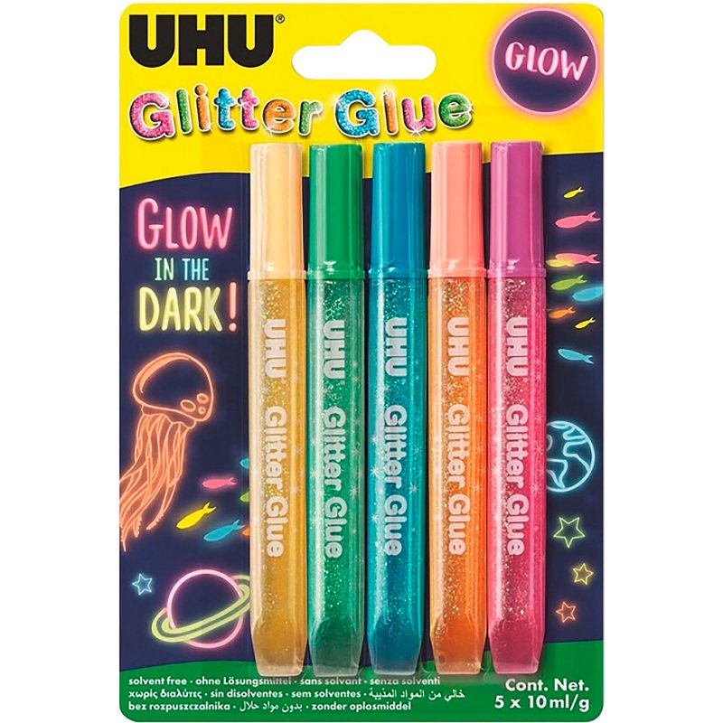 Colle pailletée Glitter Glue UHU couleurs Glow in the dark - Etui de 5