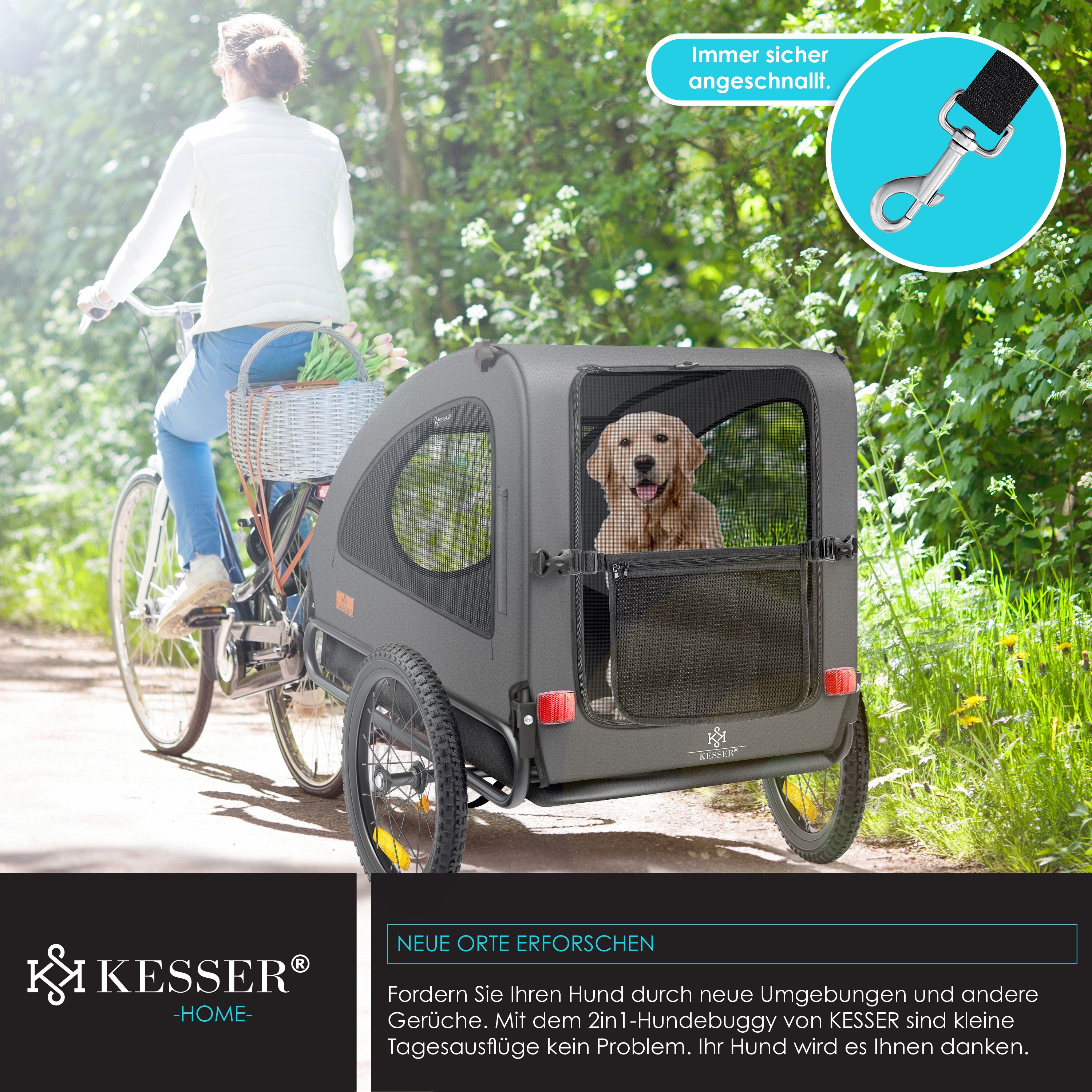 KESSER® Hundeanhänger Boxer 2-in-1 Hundebuggy Fahrradanhänger groß ca. 250L Volumen - Inkl. Fahne und Tasche - 600D Oxford Canvas, Klappbar SmartSpace Concept, maximale Belastbarkeit: 45kg