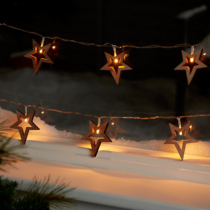 Guirlande lumineuse LED intérieure blanc chaud câble transparent 1,65 m décor étoile en bois