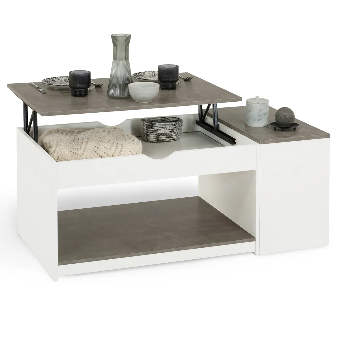 Table basse plateau relevable rectangulaire ELEA avec coffre bois blanc et effet béton