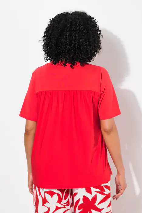 T-Shirt, Materialmix, A-Linie, V-Ausschnitt, Halbarm, neon rot