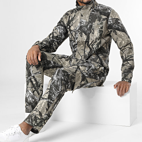 Ensemble Veste Zippée Et Pantalon Cargo Vert Kaki Gris Camouflage