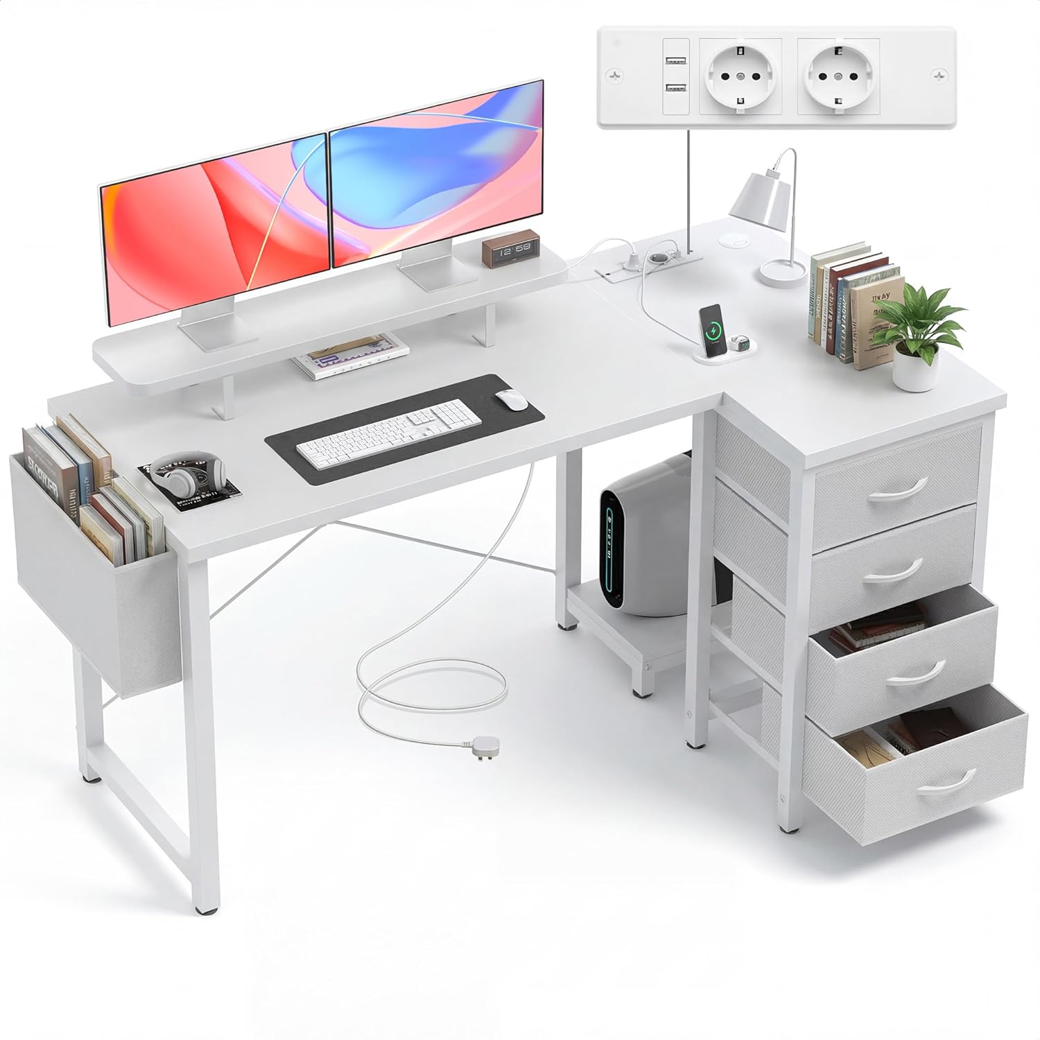 Claiks Schreibtisch L Form mit 4 Stoff Schubladen, 140x80 cm Eckschreibtisch mit USB-Ladeanschluss und Steckdose, L förmiger Schreibtisch mit Monitorablage für Büro, Weiß
