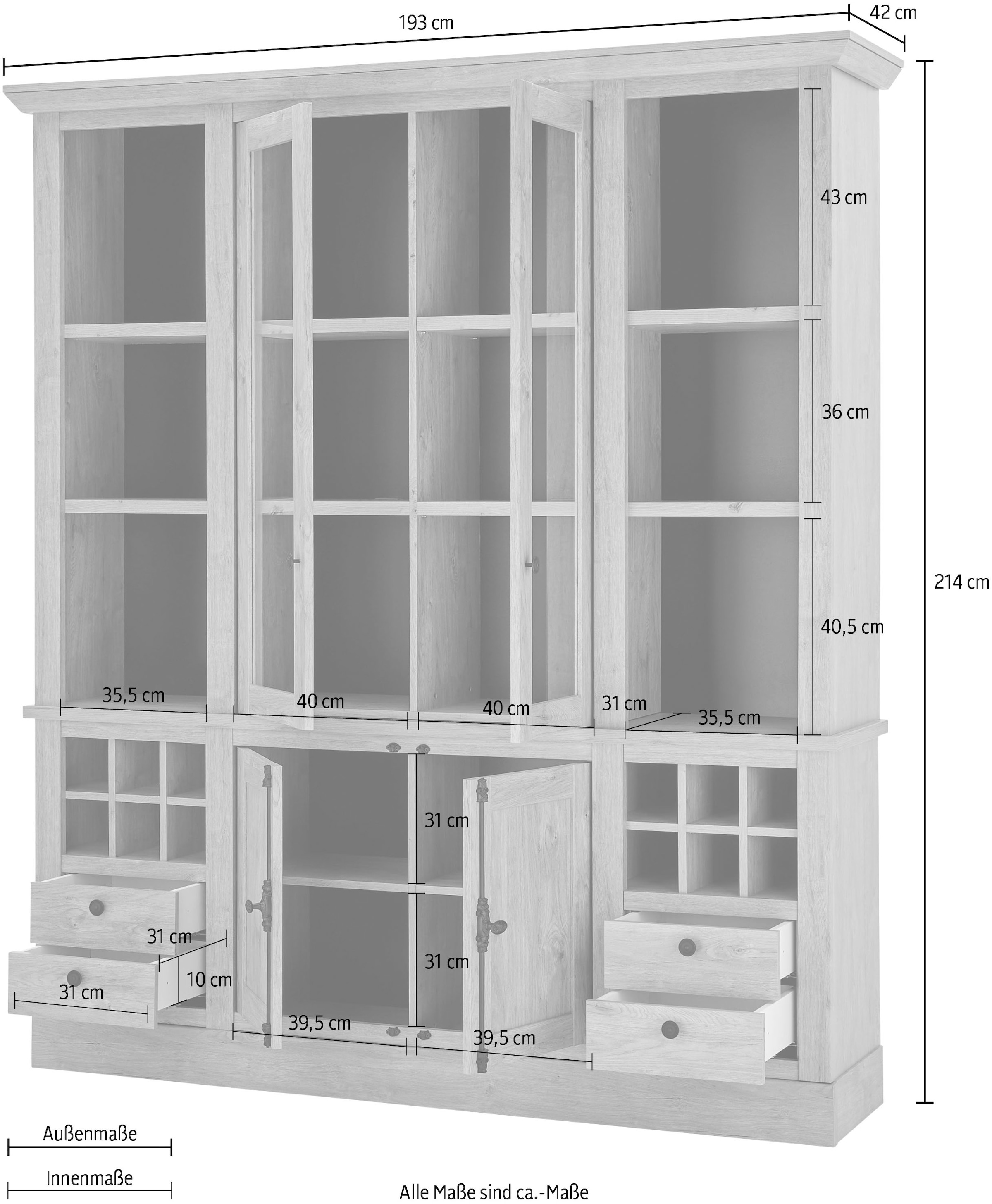 Home affaire Buffet »Cornwall, Küchenschrank im Landhausstil, Anrichte, Eiche Dekor« 1 Stk. tlg. Metallgriffe, 193 cm breit, viel Stauraum, inkl. Flascheneinteilung