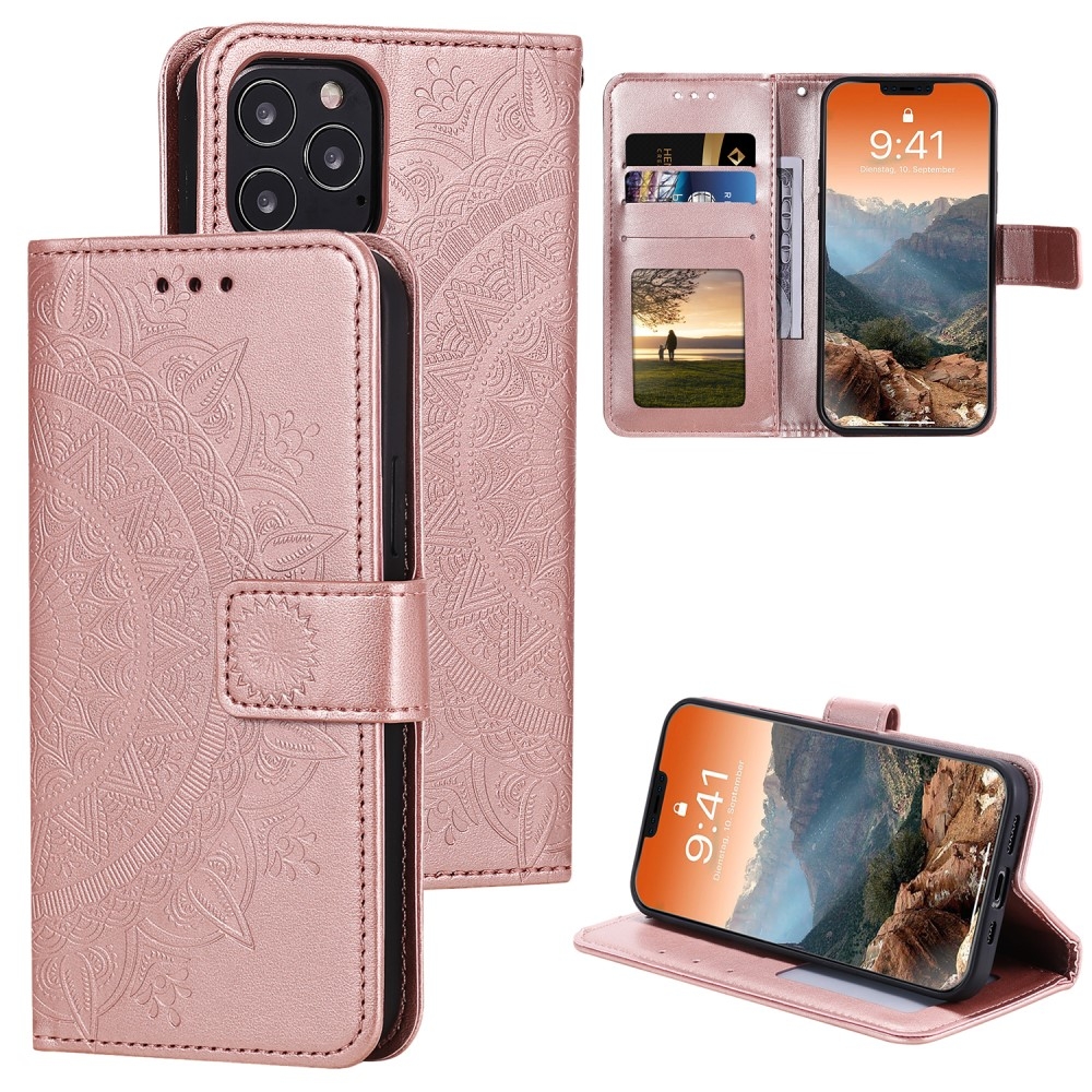 iPhone 12 / iPhone 12 Pro Leder Tasche Wallet - Mandala Flowers Imprint - Roségold