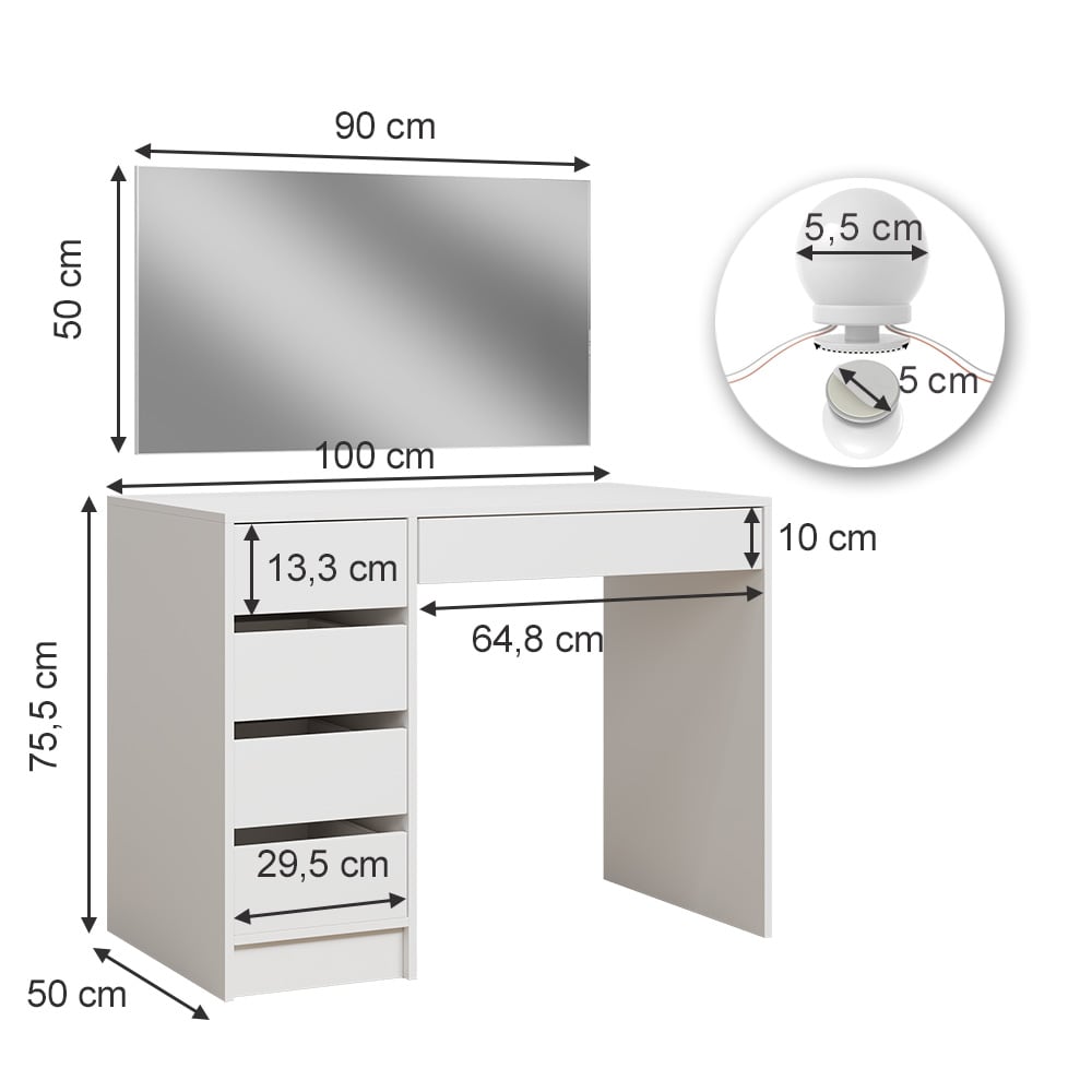 Vicco Schminktisch Thalia Weiß Hochglanz 100 cm mit LED-Beleuchtung