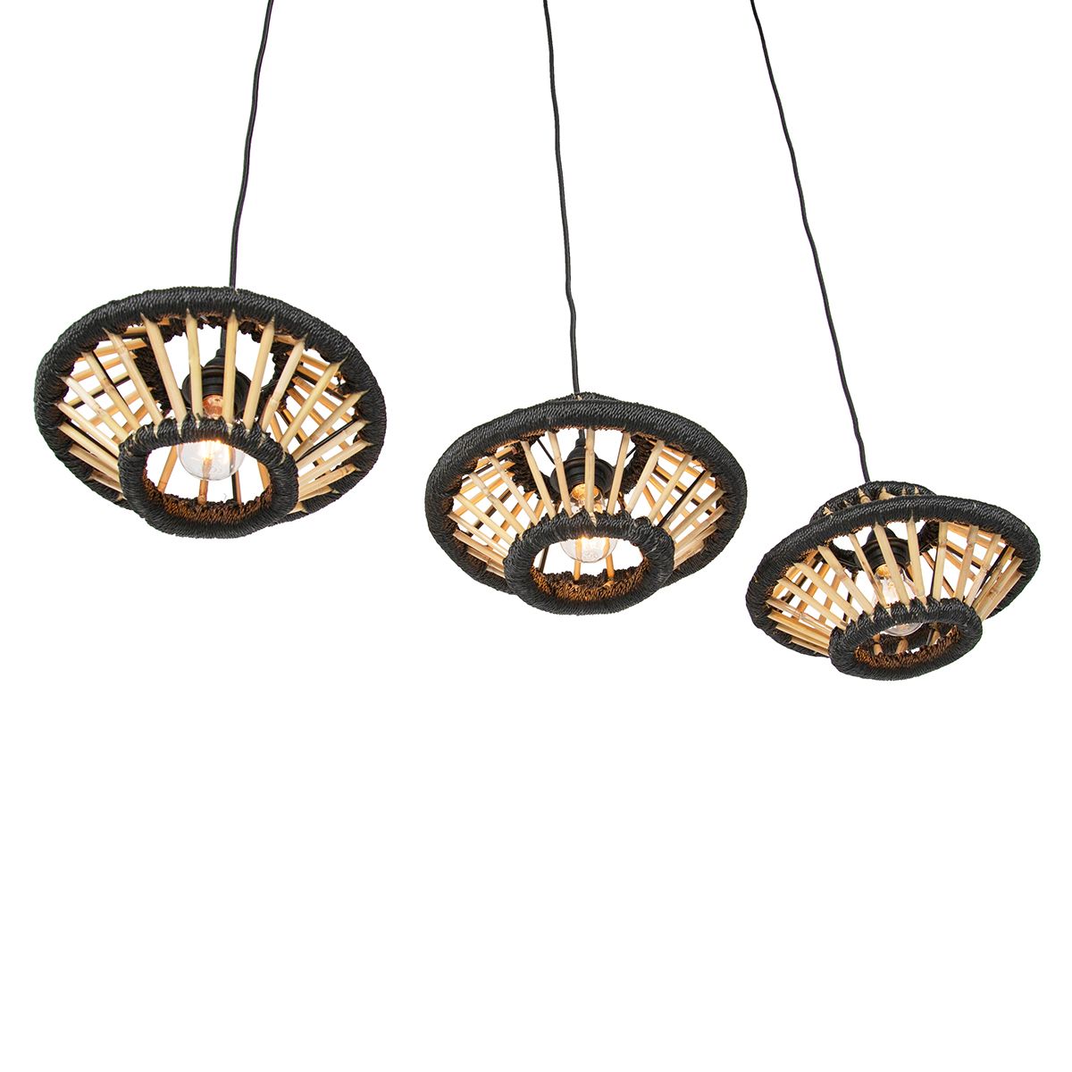Oosterse hanglamp bamboe met zwart langwerpig 3-lichts - Evalin