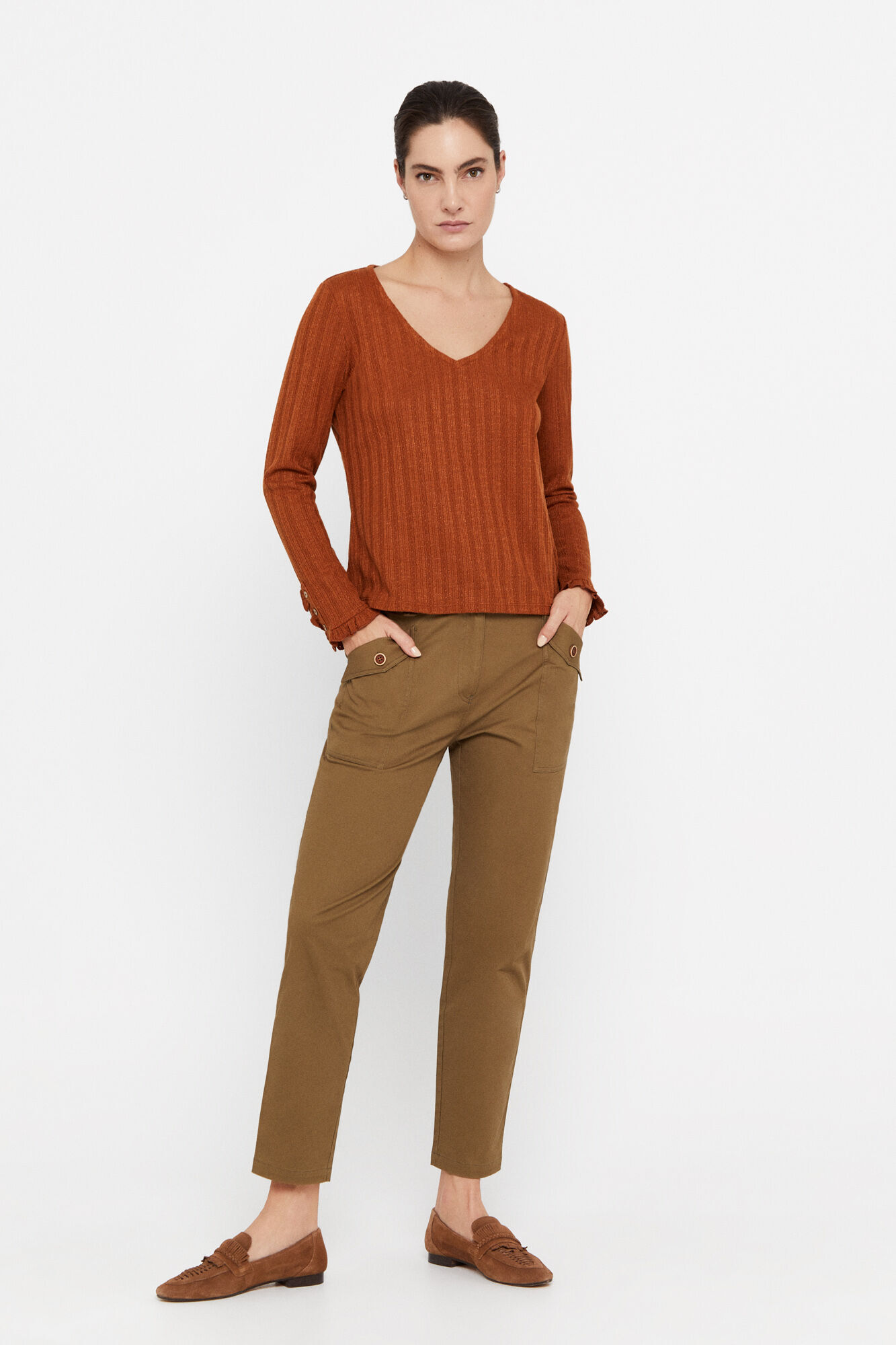Blusa de malha com punhos franzidos - Cor Camel