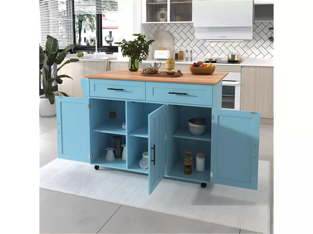 Chariot de buffet 129*76*91,5 cm avec plateau pliable, blanc + bleu