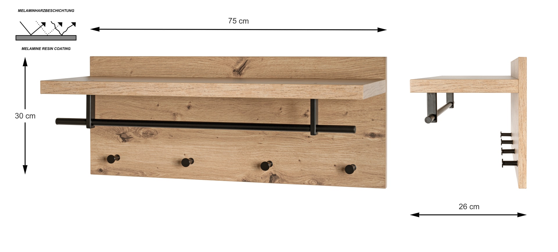 Wandgarderobe PARMA5 Eiche-Dekor/schwarz 75 x 30 cm