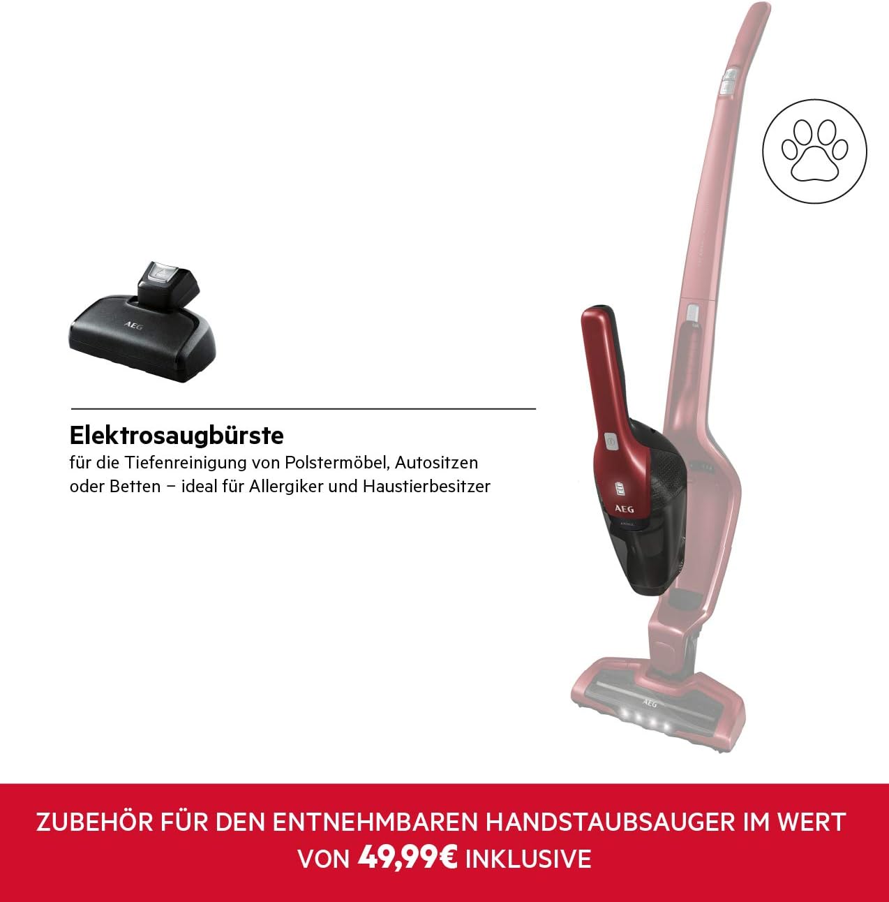 AEG Ergorapido 2in1 Akku Staubsauger, Beutellos, inkl. Tierhaardüse, ETM Testsieger, bis zu 45Min Laufzeit, Freistehend, 180° Drehgelenk, Bürstenreinigungsfunktion, LED-Frontlichter, Rot, CX7-2-45AN
