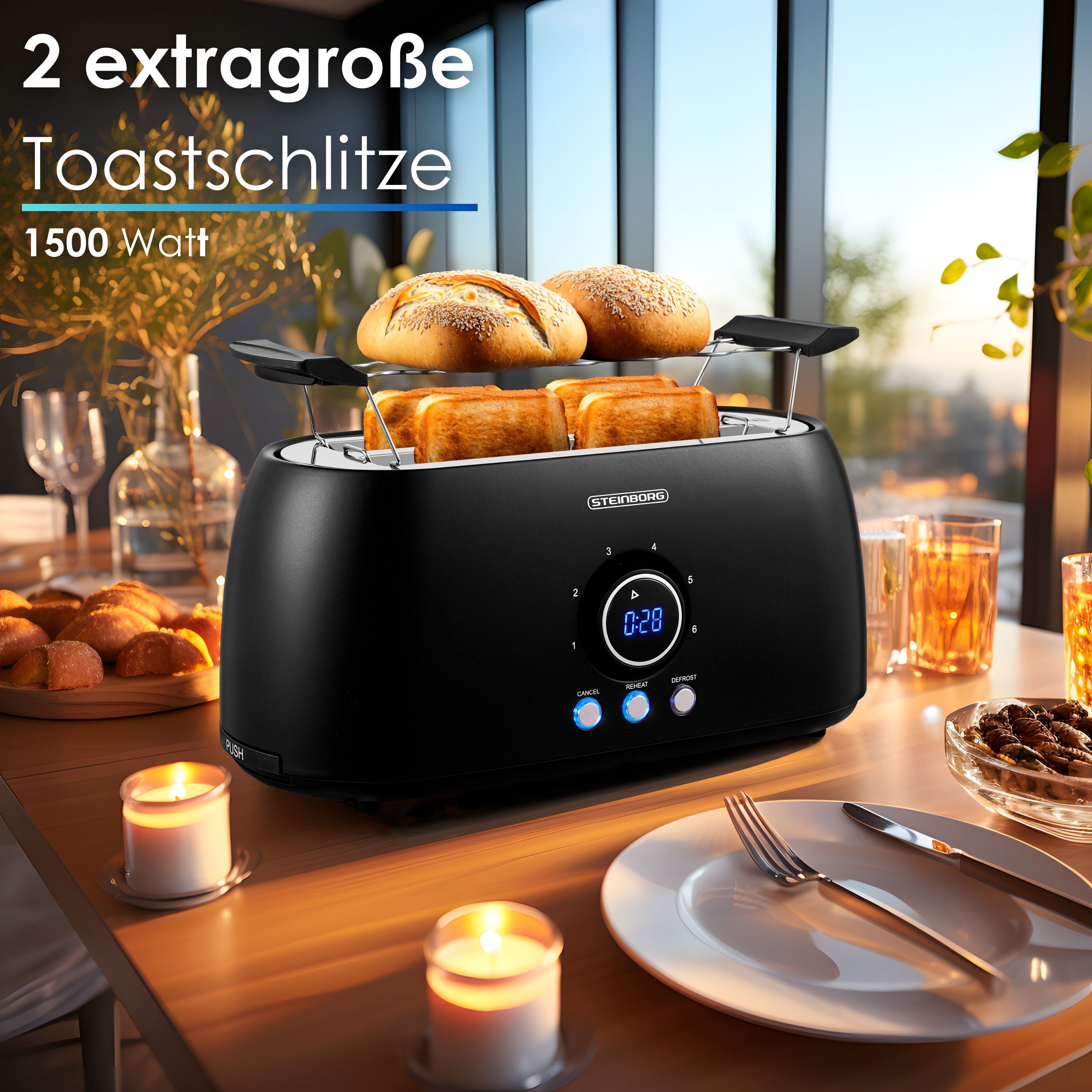 Steinborg 4 Scheiben XXL Toaster Digitales Display m. Brötchenaufsatz