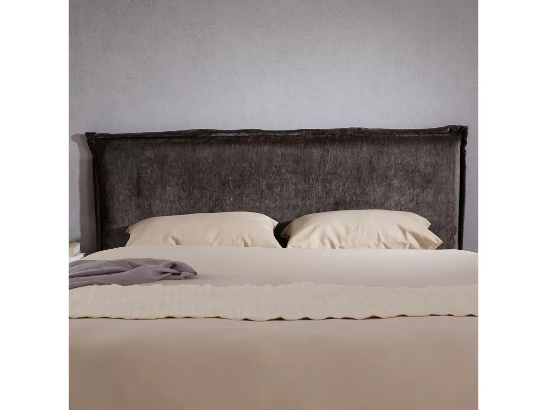 Tête de lit OVIO 160 rembourrée, En tissu polyester pour lit 160 cm, Sur pieds en bois, Gris