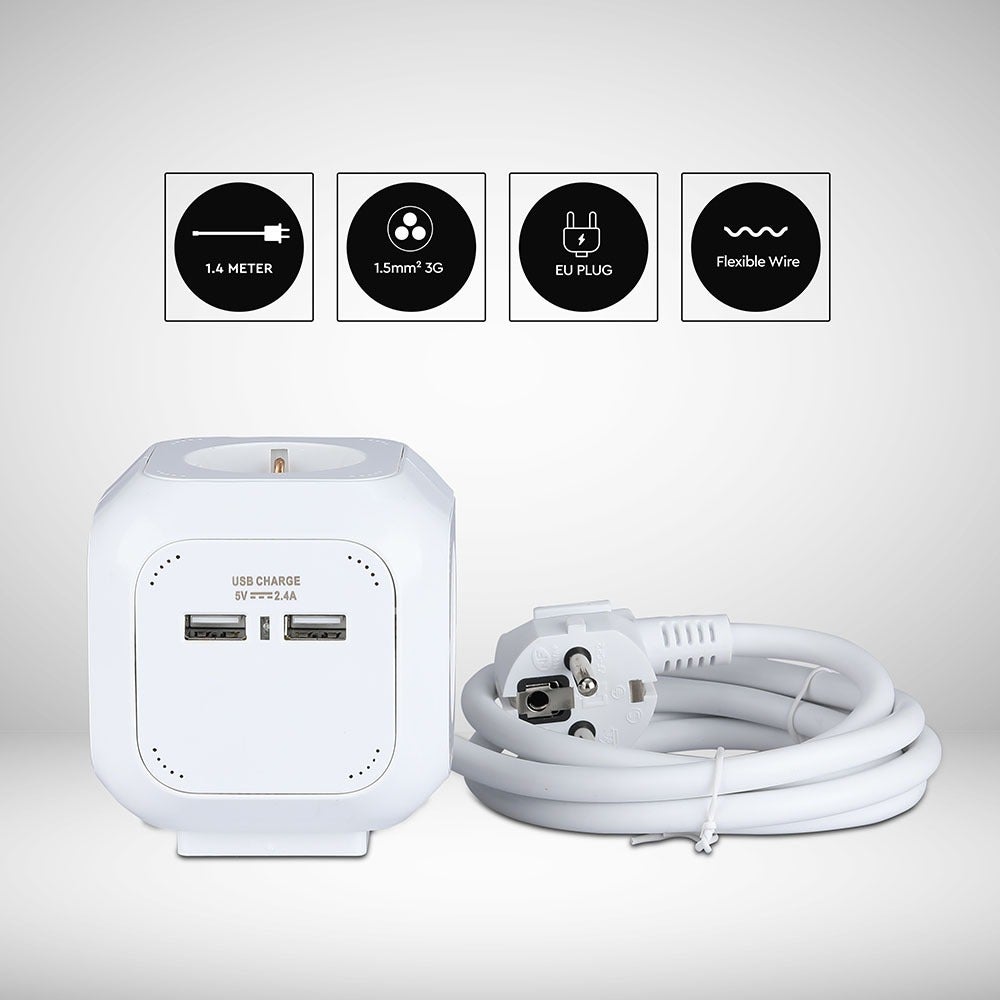 4-voudig verlengsnoer - USB - IP20 - Wit - 1,4 m kabel - stopcontact - Power Cube