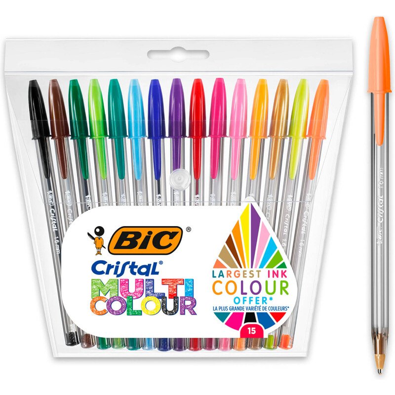 Stylo bille Bic Cristal Multicolour écriture large - Pochette de 15 couleurs assorties