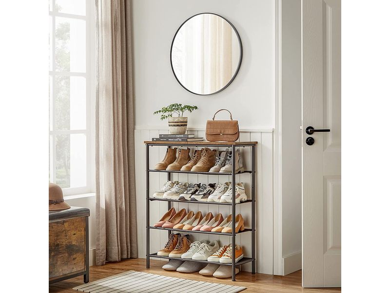 VASAGLE Schuhgestell 30 x 91 cm, Braun/Schwarz Schuhregal mit 4 Ablagen aus Polyestergewebe