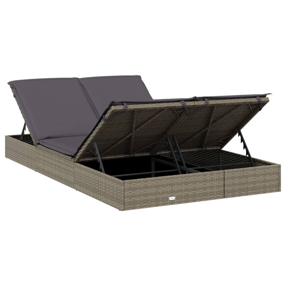 Transat chaise longue bain de soleil lit de jardin terrasse meuble d'extérieur à 2 places avec coussins gris résine tressée 0