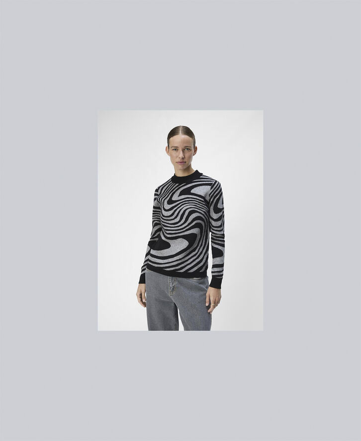 Object OBJRAY L/S KNIT PULLOVER AOP NOOS Black/medium grey melange zebra
