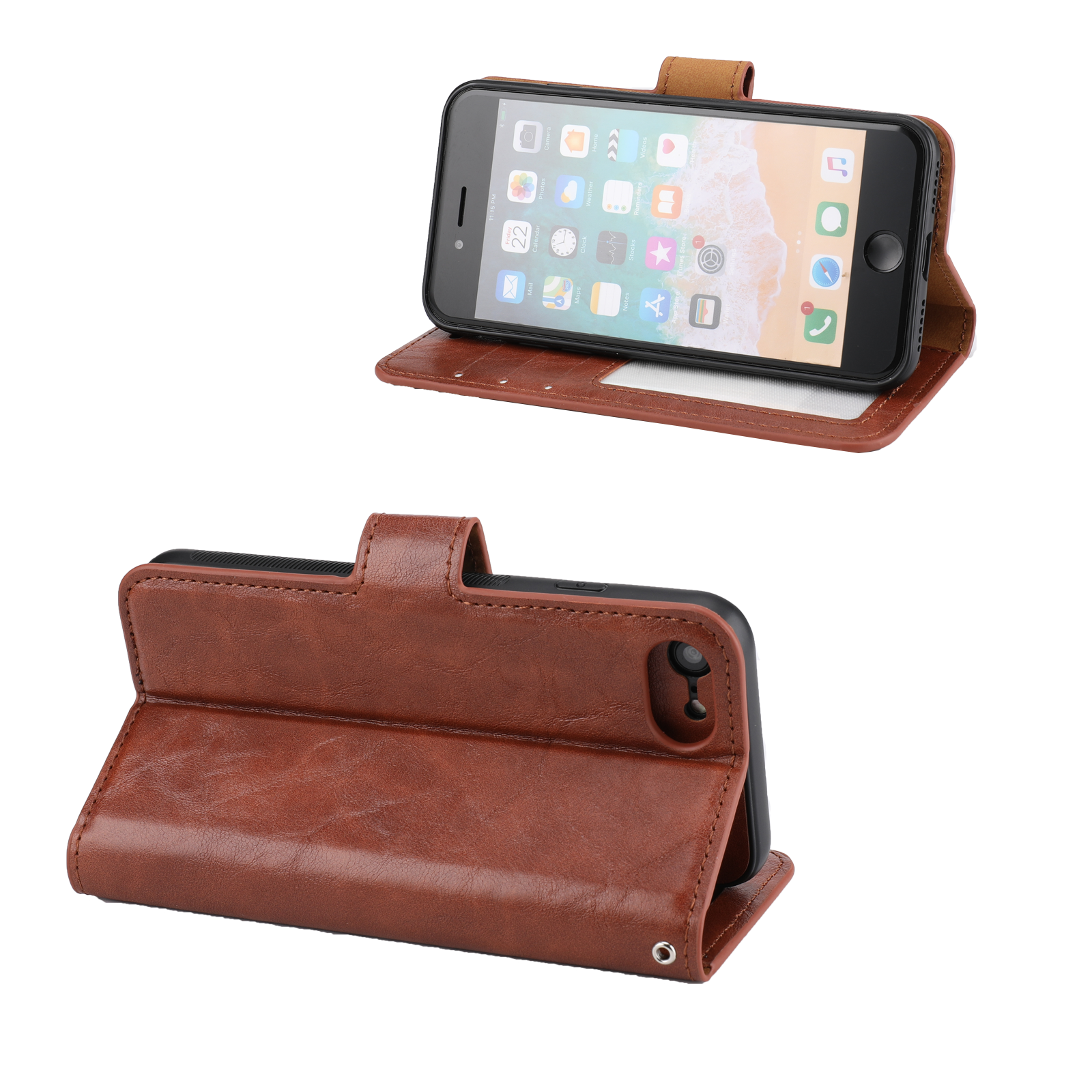 iPhone SE (2022/2020) / 8 / 7 Leder Tasche mit Kartenfächer   Magnetische Schutzhülle - Braun (Glanz)