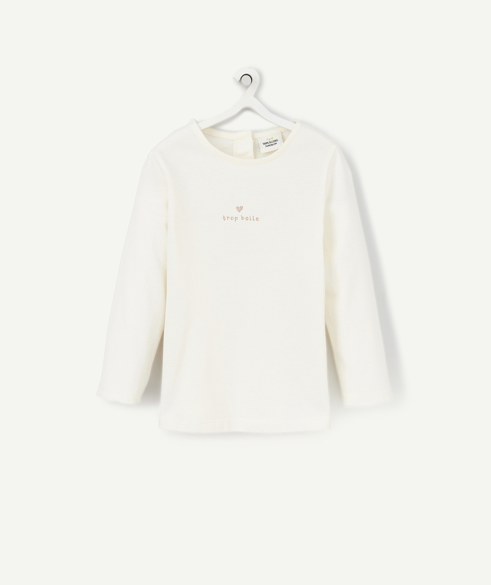 T-SHIRT BÉBÉ FILLE ÉCRU AVEC MESSAGE PAILLETÉ EN COTON BIO