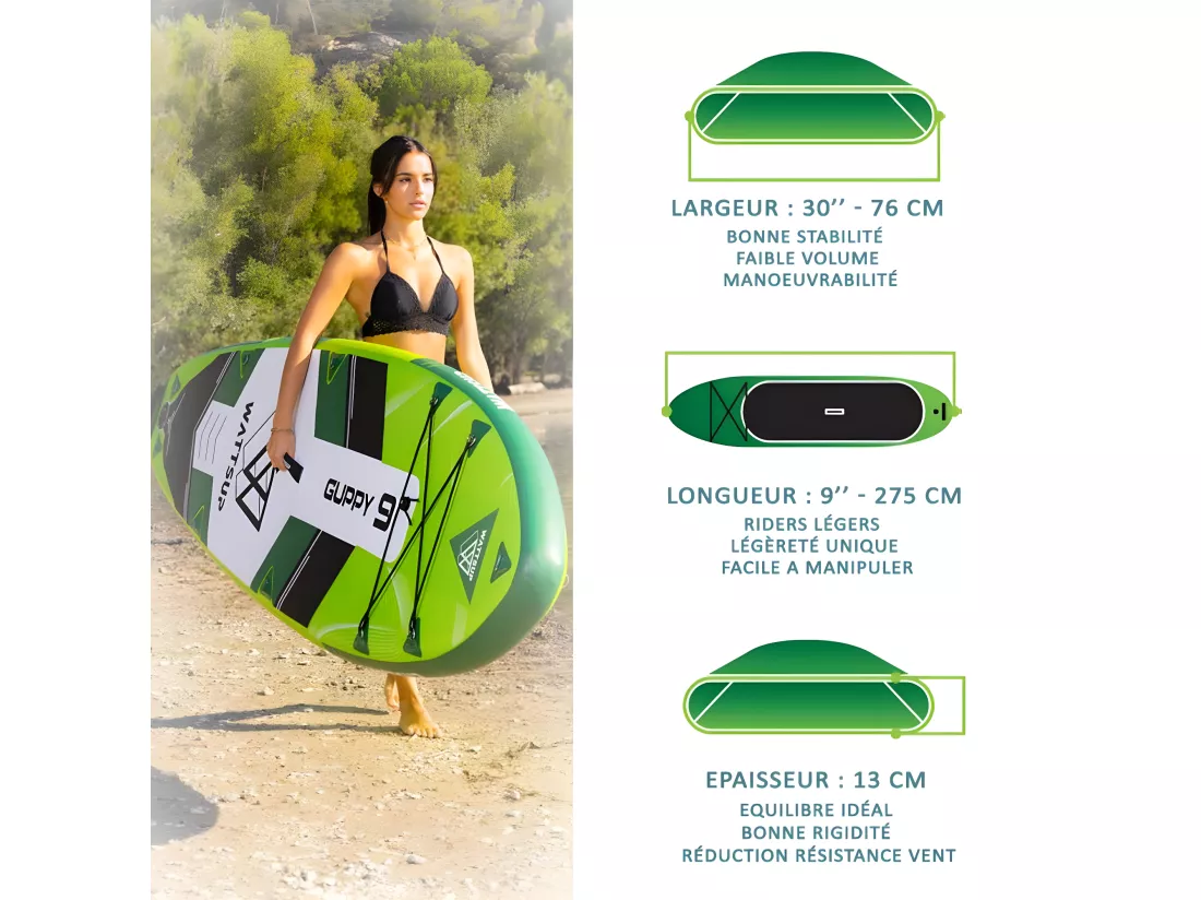 SUP Paddle Gonflable Vert Guppy 9' Wattsup Dropstitch Pack complet - Jusqu'à 80kg - 175l - 275x76x13cm (9'x30''x5'')