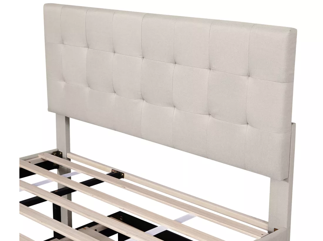 Lit gigogne avec 3 tiroirs - 140 x 200 cm + 90 x 190 cm - tissu lin - tête de lit réglable - coloris beige