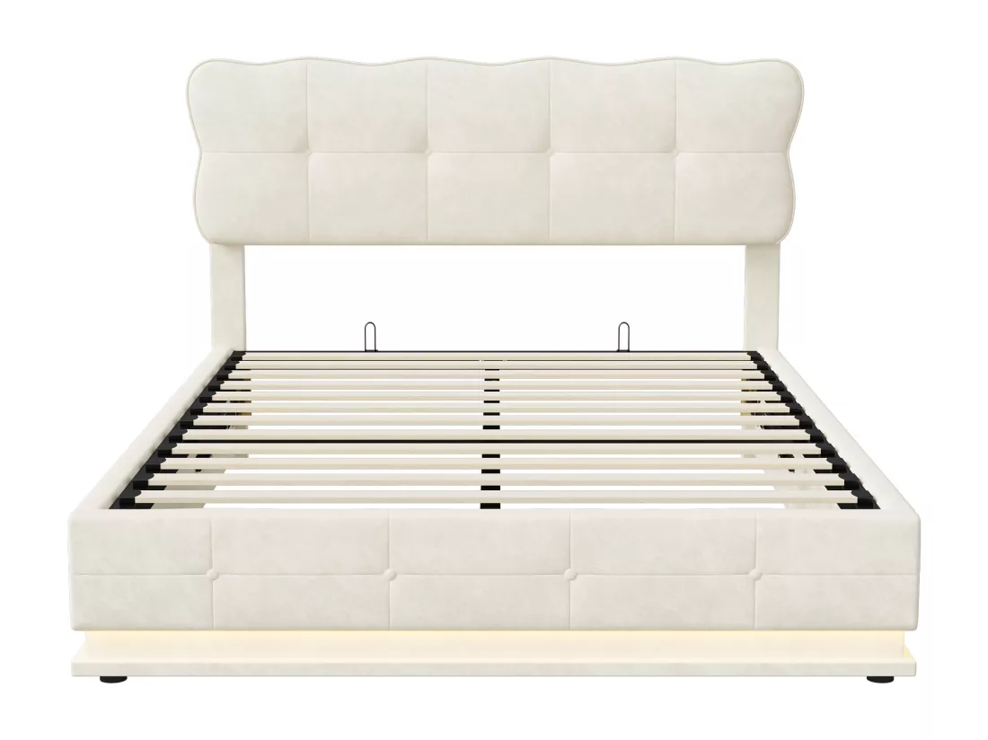 Lit coffre 160x200cm avec rangements, tissu velours, cadre de lit avec tête de lit, éclairage LED, sommier à lattes, lit hydraulique multifonction, lit adulte style moderne, Beige