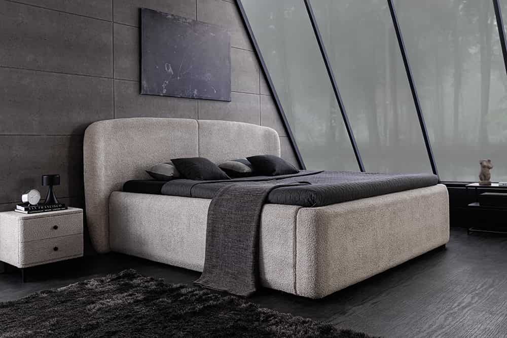 Modernes Boxbett ART DECO 180x200cm greige Bouclé mit Stauraum und Lattenrost