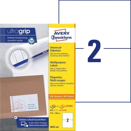 Avery Zweckform 3655-200 Universal-Etiketten,A4 mit ultragrip,210 x 148 mm, 220 Bogen/440 Etiketten, weiß