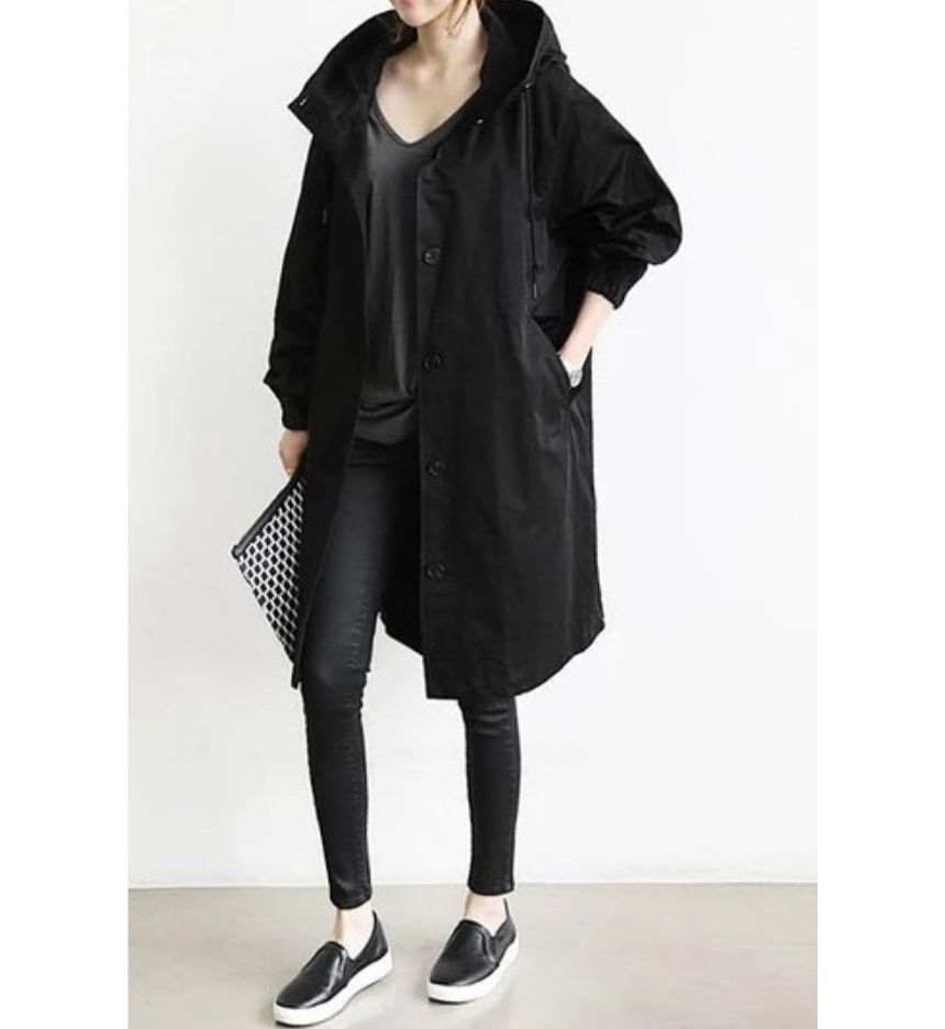 Rred - Effen trenchcoat met capuchon en één rij knopen